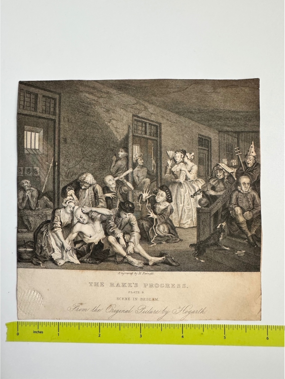 Antique Engraving 'The Rake's Progress' Plate 8 Scene in Bedlam by Hogarth